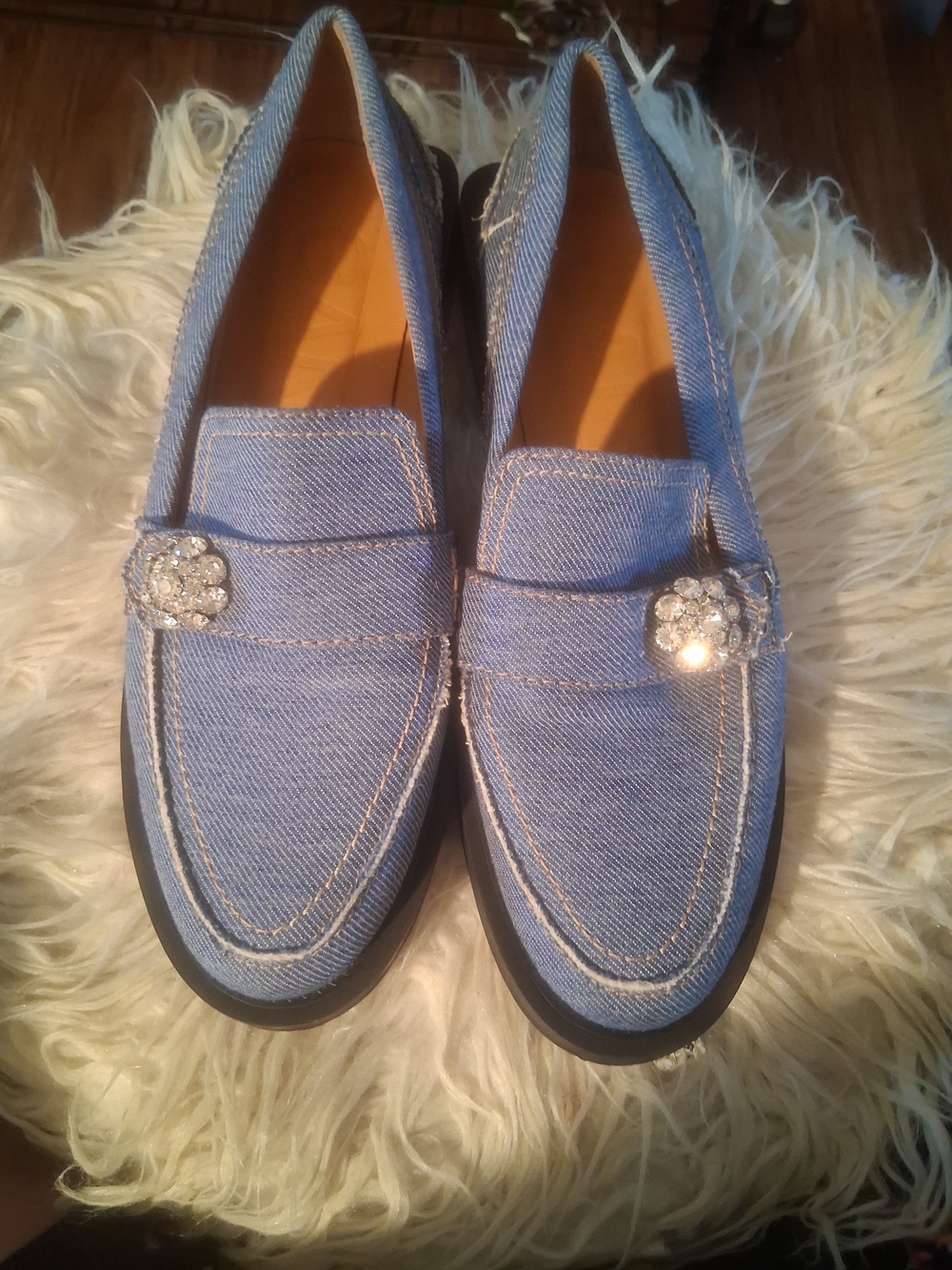 Ganni Light Blue Denim Loafers with Crystal Flower Accent NWOT